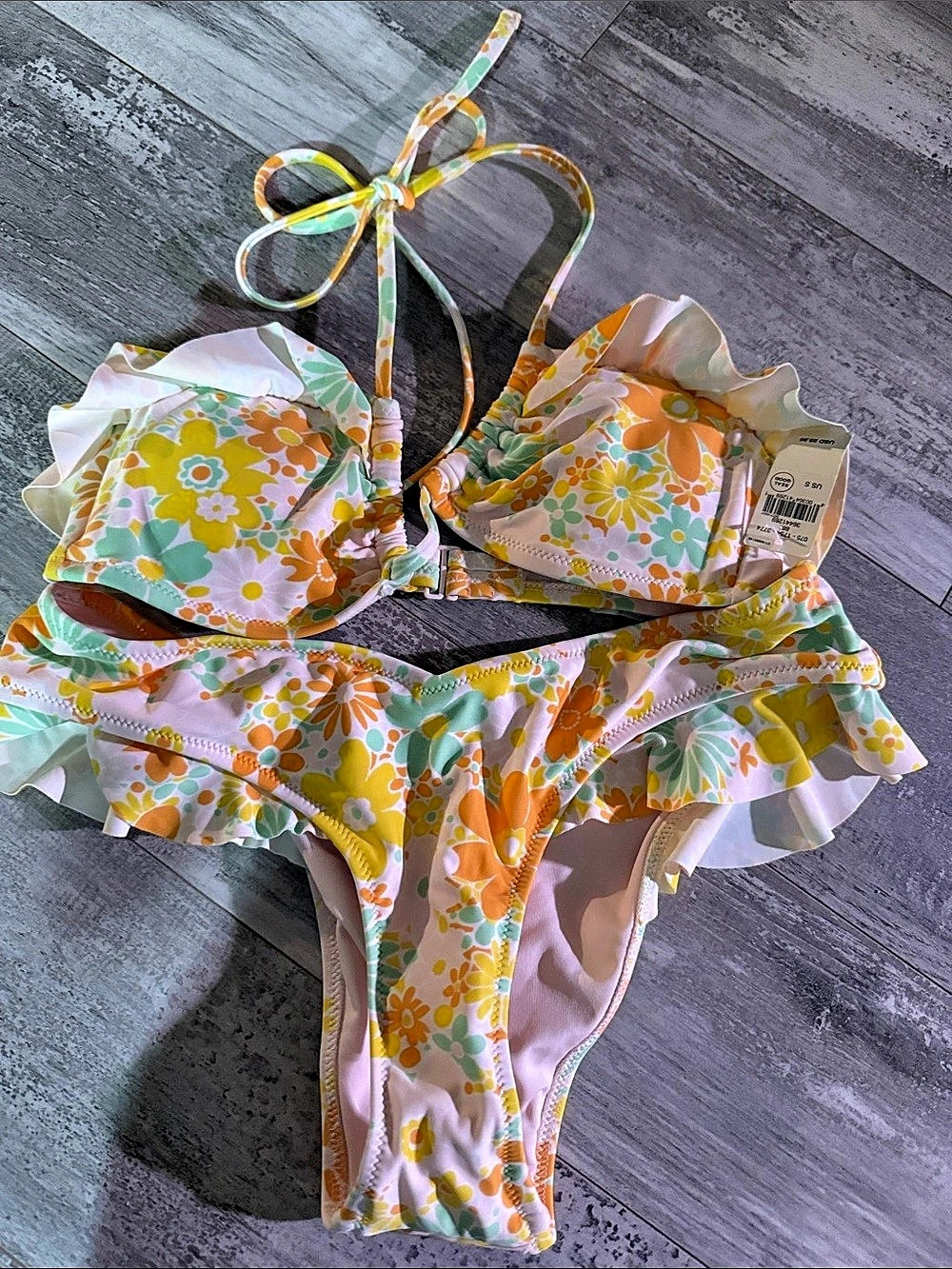 Aerie Floral Ruffle Bikini in Orange & Green Size XS NWT